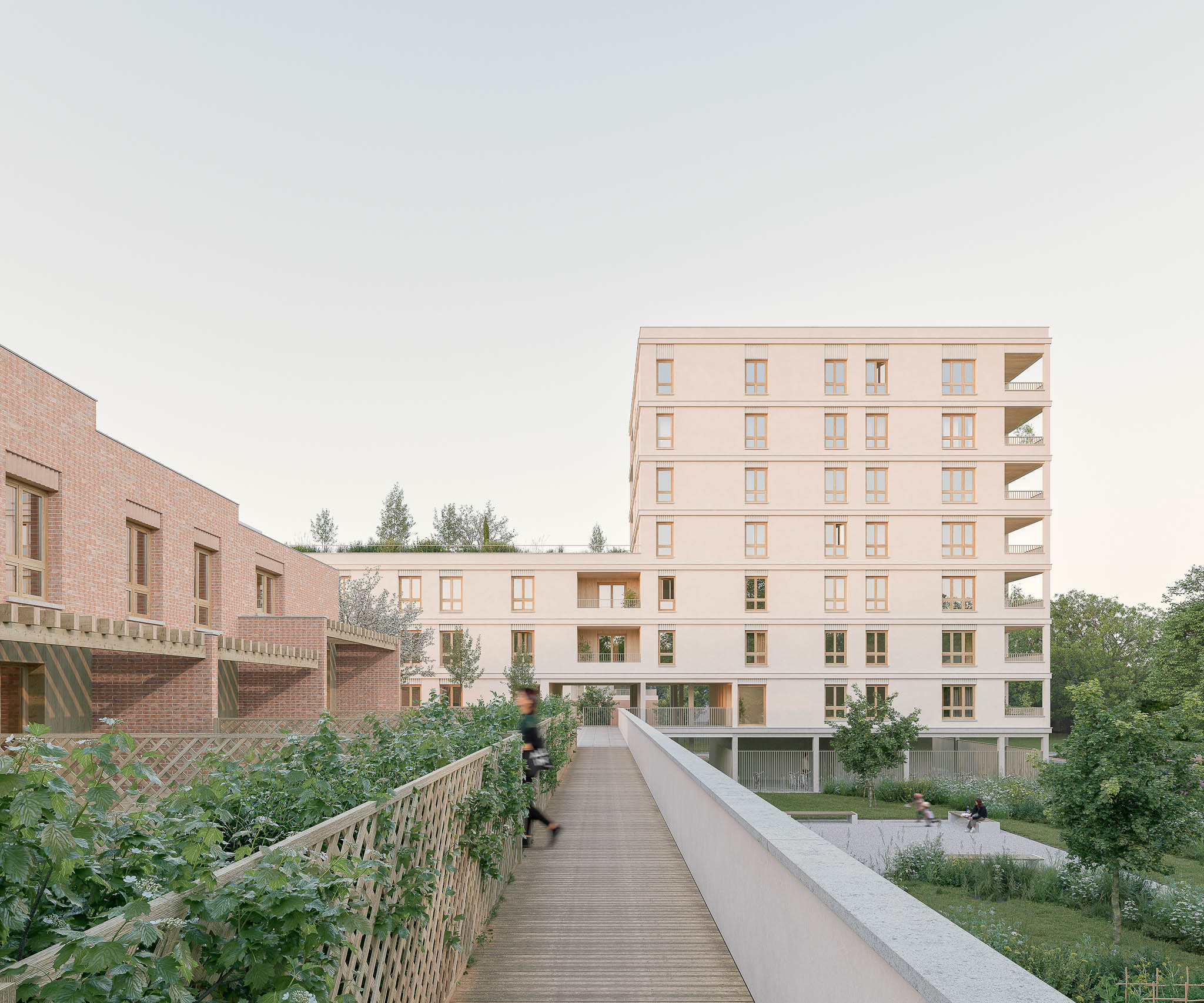 Perspective 3D du projet de logements collectifs à Rennes, quartier La Courrouze, montrant une passerelle piétonne, un cœur d'îlot paysager et des bâtiments résidentiels contemporains.